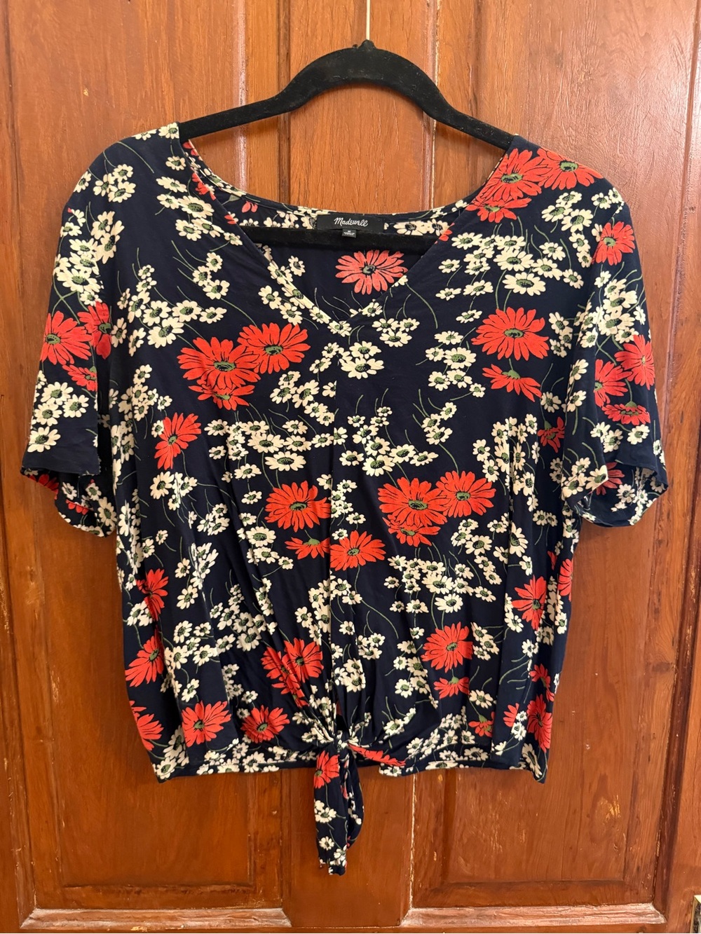 Madewell Navy Crop Top with Red & Cream Floral Print and Front Knot